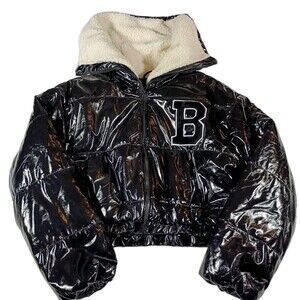 Helium London Shiny Black Puffer Jacket Cropped XL Big Fleece Collar Streetwear